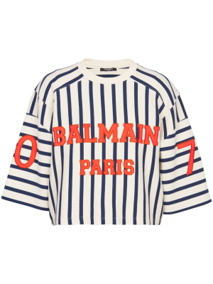 Logo-embellished cropped baseball T-shirt, Balmain Logo-embellished cropped baseball T-shirt
Logo-embellished cropped baseball T-shirt, Balmain Logo-embellished cropped baseball T-shirt