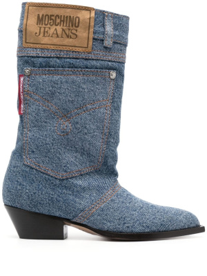 

45mm logo-patch denim boots, MOSCHINO JEANS 45mm logo-patch denim boots