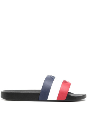 

Striped logo-debossed slides, Moncler Striped logo-debossed slides
