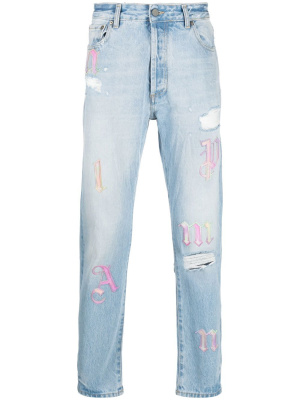 

Ripped embroidered tapered jeans, Palm Angels Ripped embroidered tapered jeans