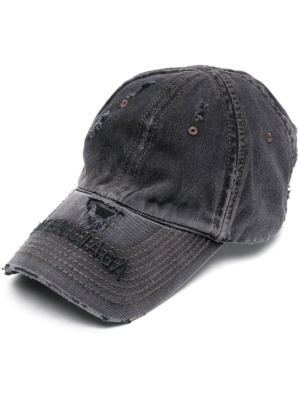 

Logo-embroidered distressed denim cap, Balenciaga Logo-embroidered distressed denim cap