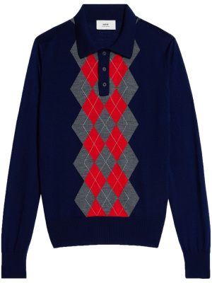 

Argyle-check knit polo shirt, AMI Paris Argyle-check knit polo shirt