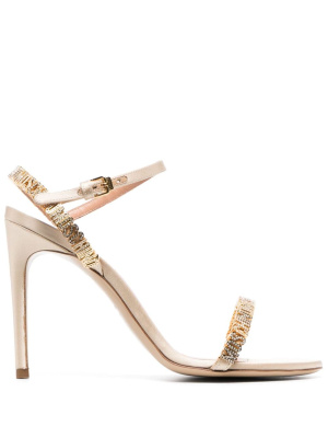 

110mm logo-lettering silk-satin sandals, Moschino 110mm logo-lettering silk-satin sandals