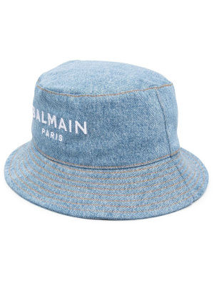 

Logo-embroidered denim bucket hat, Balmain Logo-embroidered denim bucket hat