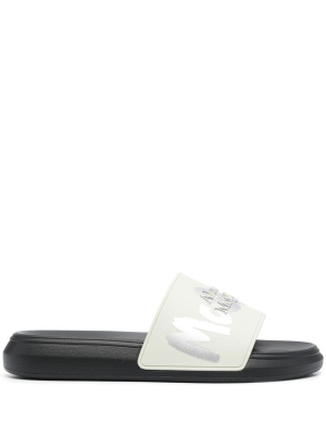 

Embossed-logo open toe slides, Alexander McQueen Embossed-logo open toe slides