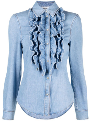 

Ruffled washed-denim shirt, MOSCHINO JEANS Ruffled washed-denim shirt