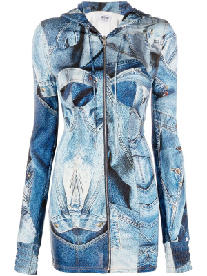 

Denim-print zip-up hooded dress, MOSCHINO JEANS Denim-print zip-up hooded dress