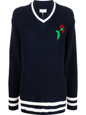 

Floral-embroidered V-neck jumper, Maison Margiela Floral-embroidered V-neck jumper