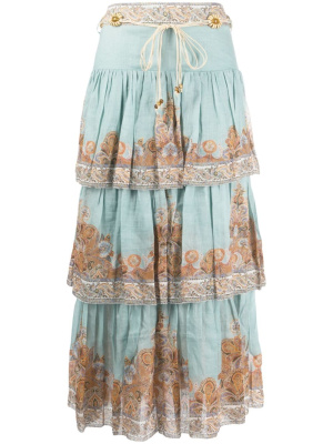 

Devi paisley-print tiered midi skirt, ZIMMERMANN Devi paisley-print tiered midi skirt