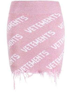 

Logo-intarsia distressed knit skirt, VETEMENTS Logo-intarsia distressed knit skirt