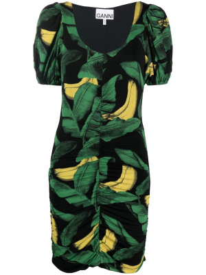 

Banana-print puff-sleeve dress, GANNI Banana-print puff-sleeve dress