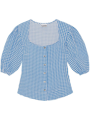 

Gingham-check scoop-neck blouse, GANNI Gingham-check scoop-neck blouse
