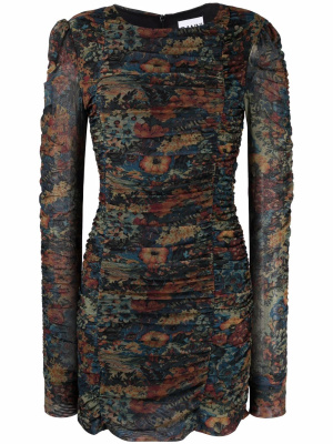 

Printed mesh gathered panel mini dress, GANNI Printed mesh gathered panel mini dress