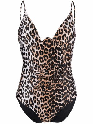 

Leopard-print ruched swimsuit, GANNI Leopard-print ruched swimsuit
