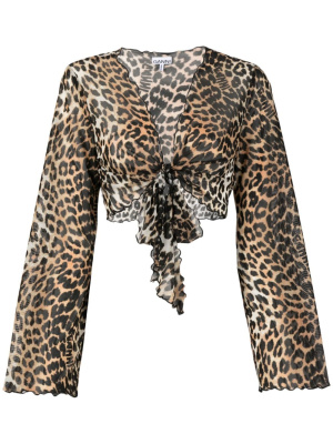 

Leopard-print tie-front cropped blouse, GANNI Leopard-print tie-front cropped blouse