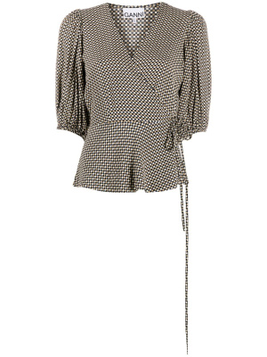 

Checkered V-neck wrap blouse, GANNI Checkered V-neck wrap blouse