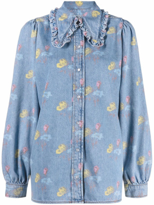 

Ruffle-collar floral denim shirt, GANNI Ruffle-collar floral denim shirt