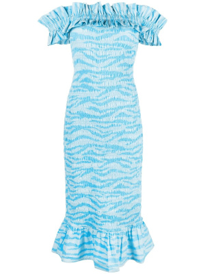 

Zebra-print shirred off-the-shoulder dress, GANNI Zebra-print shirred off-the-shoulder dress