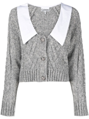 

Contrasting-collar cable-knit cardigan, GANNI Contrasting-collar cable-knit cardigan