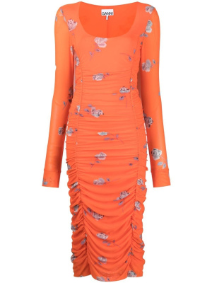 

Floral-print ruched midi dress, GANNI Floral-print ruched midi dress