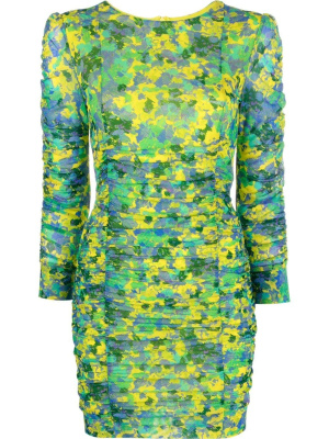 

Floral-print ruched mesh dress, GANNI Floral-print ruched mesh dress