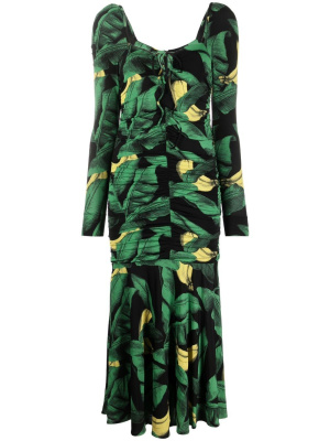 

Leaf-print ruched midi dress, GANNI Leaf-print ruched midi dress