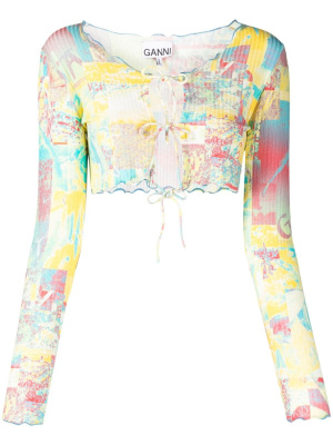 

Graphic-print cropped ribbed blouse, GANNI Graphic-print cropped ribbed blouse