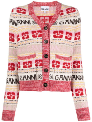 

Logo-print wool-blend cardigan, GANNI Logo-print wool-blend cardigan