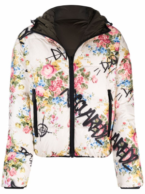

Reversible logo-graffiti floral-print padded jacket, Dsquared2 Reversible logo-graffiti floral-print padded jacket