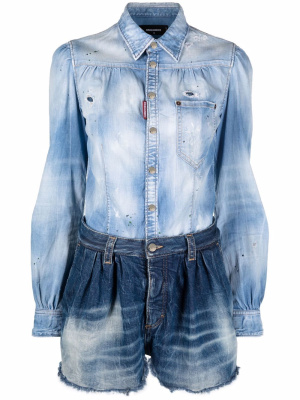 

Two-tone distressed denim playsuit, Dsquared2 Two-tone distressed denim playsuit