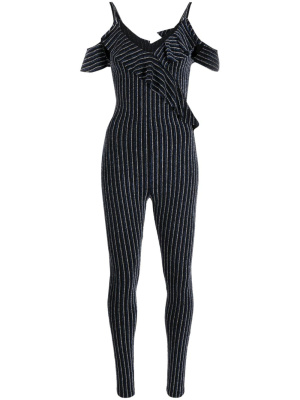 

Ruffled glitter-stripes V-neck jumpsuit, Dsquared2 Ruffled glitter-stripes V-neck jumpsuit