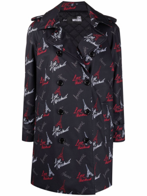

Graphic-print canvas trench coat, Love Moschino Graphic-print canvas trench coat