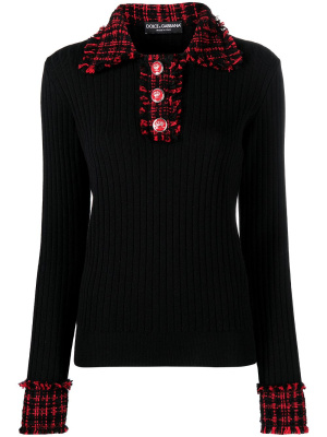 

Tweed-detail ribbed-knit top, Dolce & Gabbana Tweed-detail ribbed-knit top
