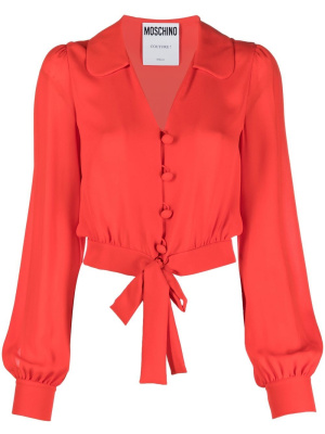 

Cropped tied-hem silk blouse, Moschino Cropped tied-hem silk blouse