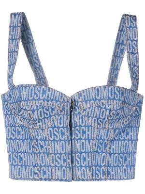 

Monogram-print denim corset, Moschino Monogram-print denim corset