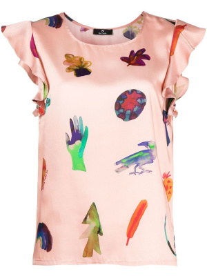 

Ruffle-sleeve graphic-print T-shirt, PS Paul Smith Ruffle-sleeve graphic-print T-shirt