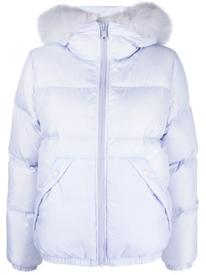 

Lambswool-trim short hooded down jacket, Yves Salomon Lambswool-trim short hooded down jacket