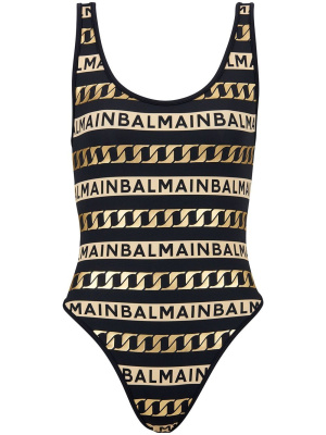 

Striped logo-print swimsuit, Balmain Striped logo-print swimsuit