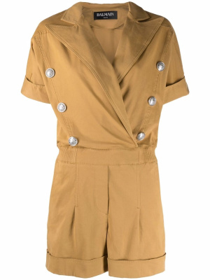 

Peak-lapel short-sleeve denim playsuit, Balmain Peak-lapel short-sleeve denim playsuit