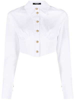 

Cropped ruched cotton shirt, Balmain Cropped ruched cotton shirt
