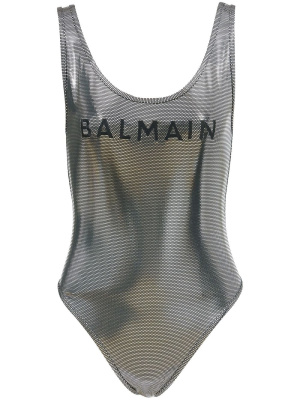 

Metallic-effect logo-print swimsuit, Balmain Metallic-effect logo-print swimsuit
