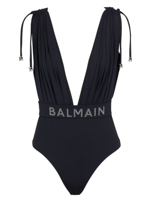 

Logo-embellished draped-detailing swimsuit, Balmain Logo-embellished draped-detailing swimsuit