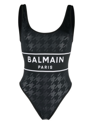 

Houndstooth-print logo-stripe swimsuit, Balmain Houndstooth-print logo-stripe swimsuit