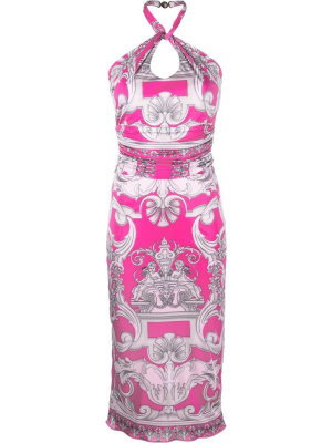 

Silver Baroque-print halterneck midi dress, Versace Silver Baroque-print halterneck midi dress