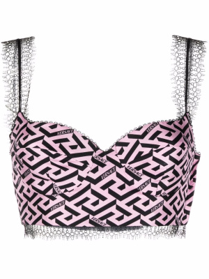 

Logo-print silk cropped top, Versace Logo-print silk cropped top