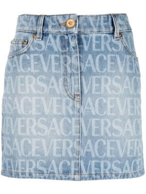 

Logo-print denim miniskirt, Versace Logo-print denim miniskirt