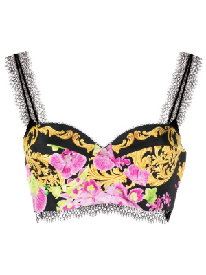 

Medusa Orchid-print bustier top, Versace Medusa Orchid-print bustier top