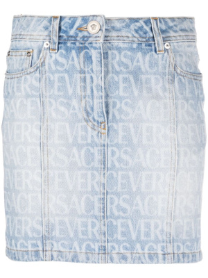 

Logo-print denim miniskirt, Versace Logo-print denim miniskirt
