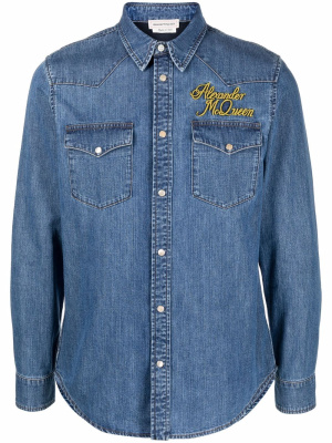 

Logo-embroidered denim shirt, Alexander McQueen Logo-embroidered denim shirt