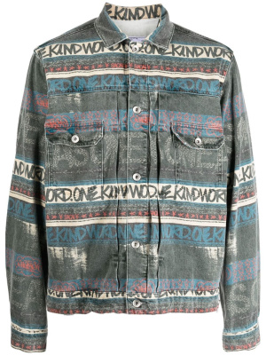 

Graphic-print distressed denim jacket, Sacai Graphic-print distressed denim jacket